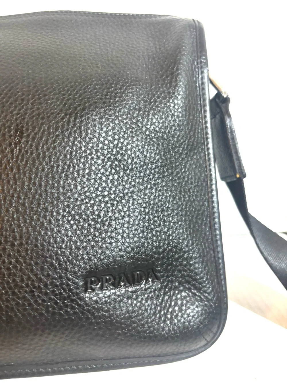 Prada unisex Black pebbled Leather Crossbody Bag with Adjustable Strap